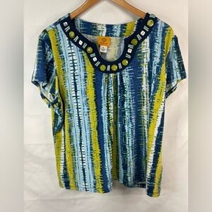 Ruby Rd vibrant blue and green top. Embellished neckline and so soft! Size XL
